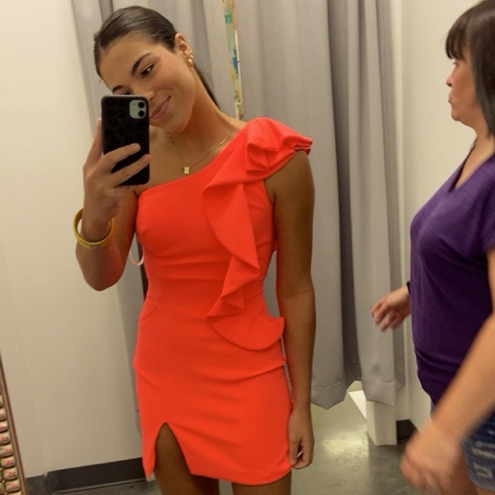 Bright orange ruffled one shoulder dress!
